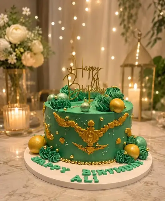 Green and gold celebration cake by Deli Bonbons